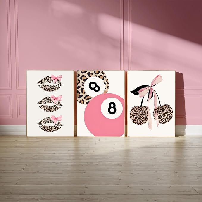 Trendy Pink Leopard Bow Wall Art Set of 3 Funky Cherry Lucky 8 Ball Posters Prints Cute Coquette Preppy Room Aesthetic Wall Decor Pictures for Girls Bedroom Apartment Dorm Unframed 12x16in