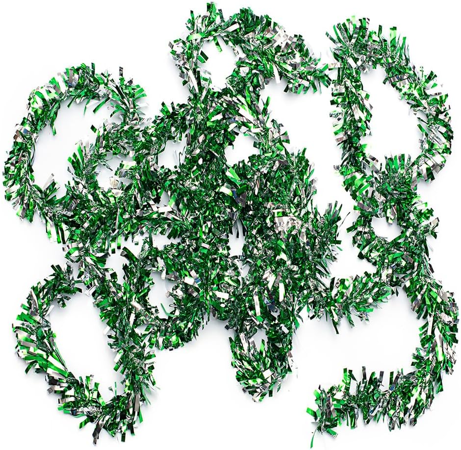 Anderson's Green & Silver Sparkle Glitter Metallic Tinsel Twist for Trailer Or Golf Cart, 4 inches Wide x 25 ft Long, Christmas, Birthday, Patriotic and Holiday Garland Decor for Parties and Parades