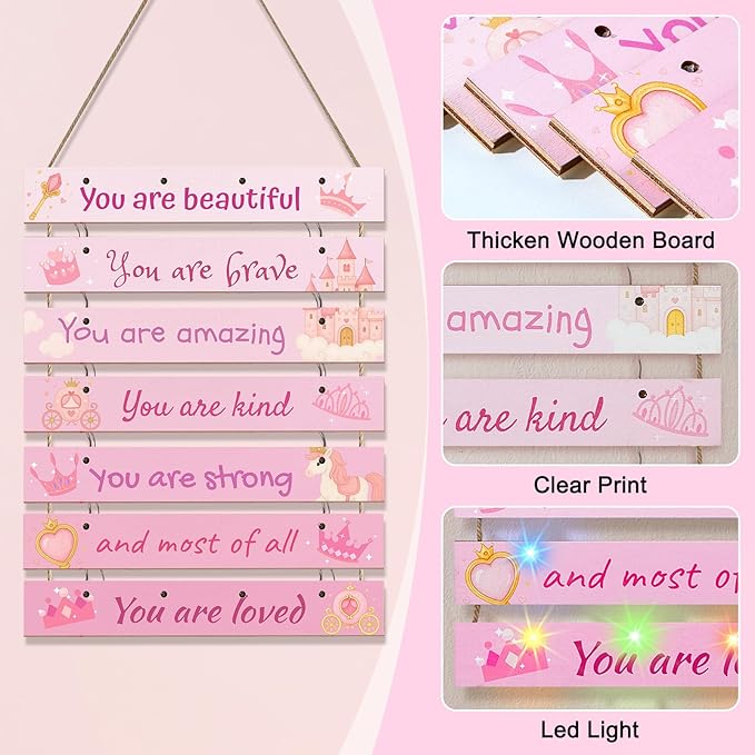 FIOBEE Girls Room Décor for Teen Girls Boys with LED Light Wall Decor for Bedroom Motivational Inspirational Wall Art Girl Room Decoration for Kids Studyroom, 8 Kinds of Lights, Pink Princess