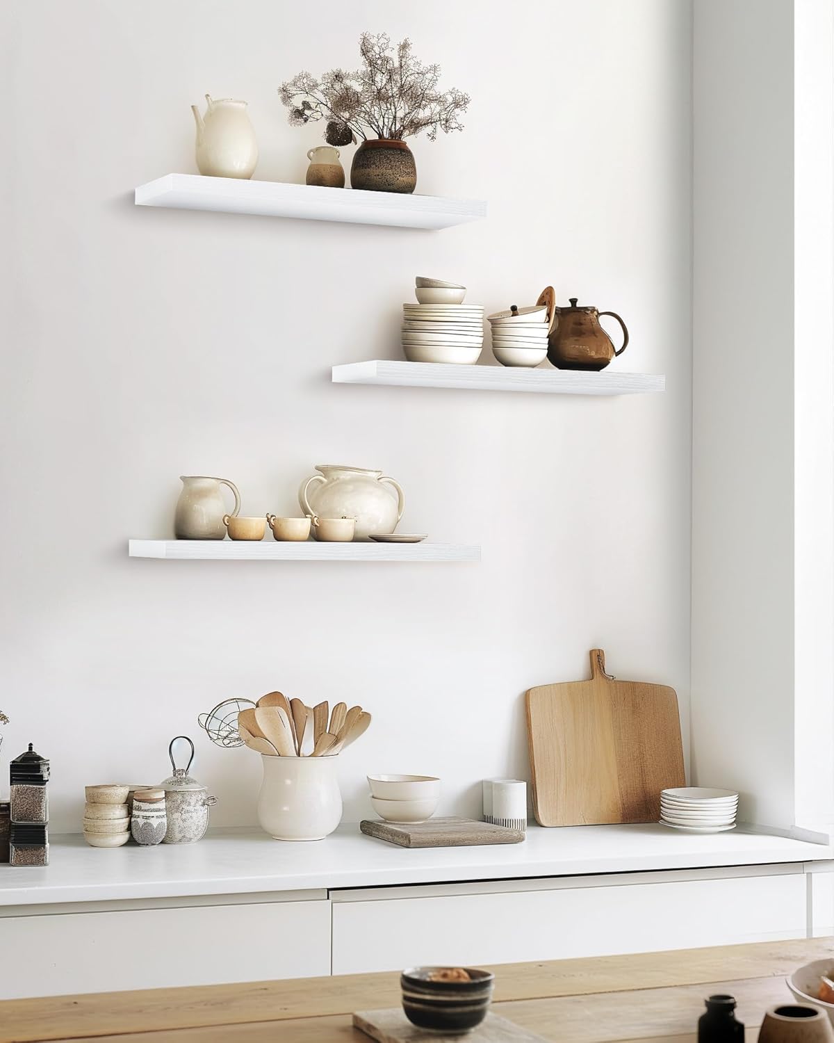 BAYKA Floating Shelves for Wall, 22.5 inches Wall Mounted Rustic Wood Shelves for Bathroom, Bedroom, Living Room, Floating Shelves for Books/Storage/Decor (White,Set of 3)