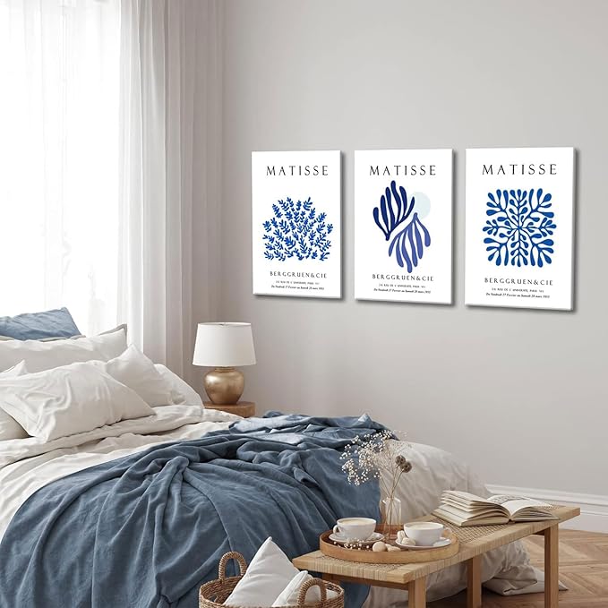 Djmwtb 3 Piece Canvas Wall Art Navy Blue Wall Decor Matisse Prints Abstract Paintings Pictures for Bedroom Bathroom Living Room Artwork 12x16in Framed