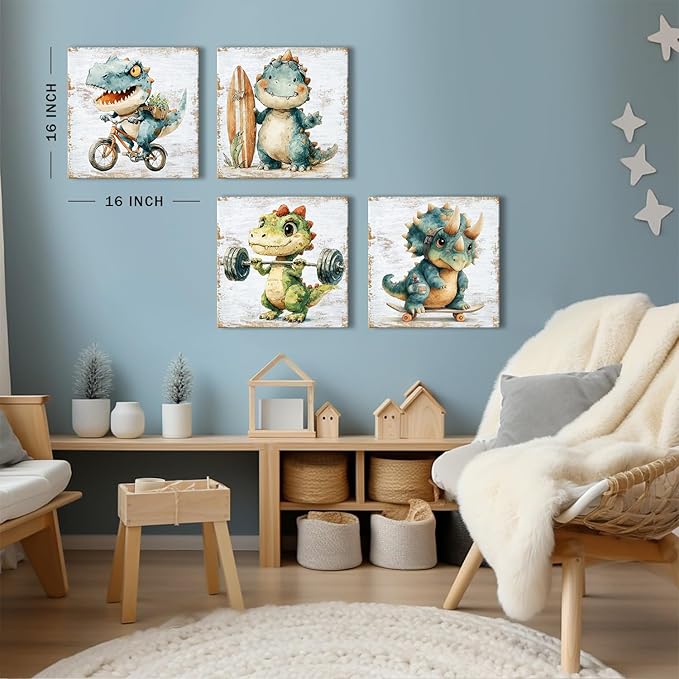 Watercolor Dinosaur Canvas Wall Art Baby Toddler Bedroom Decor Cartoon Dino Sports Theme Pictures Wall Decor Funny Animals Bike Surfing Paintings Prints Posters Artwork Nursery Decoration 16x16in 4Pcs
