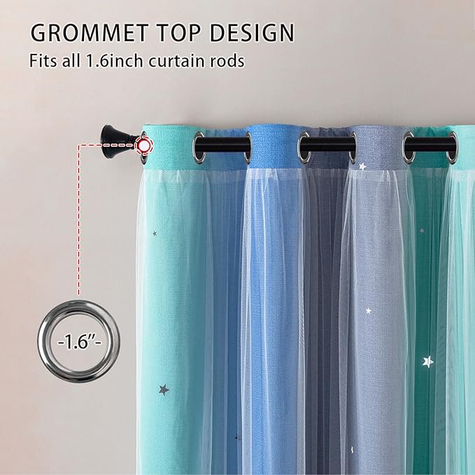 XiDi Curtains for Girls Bedroom Kids Room Unicorn Princess Theme Home Decor Room Darkening Grommet Window Curtains 63 Inches Length Blue Green Grey, W34 X L63 2 Panels