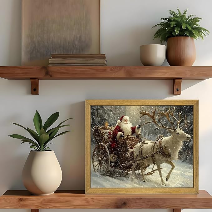Wood Framed Vintage Santa Claus Sleigh Wall Art, Classic Christmas Reindeer Canvas Print Painting, Christmas Wall Decor Ornaments Picture for Living Room Bedroom Kitchen Xmas Home Decor 8x10 Inch