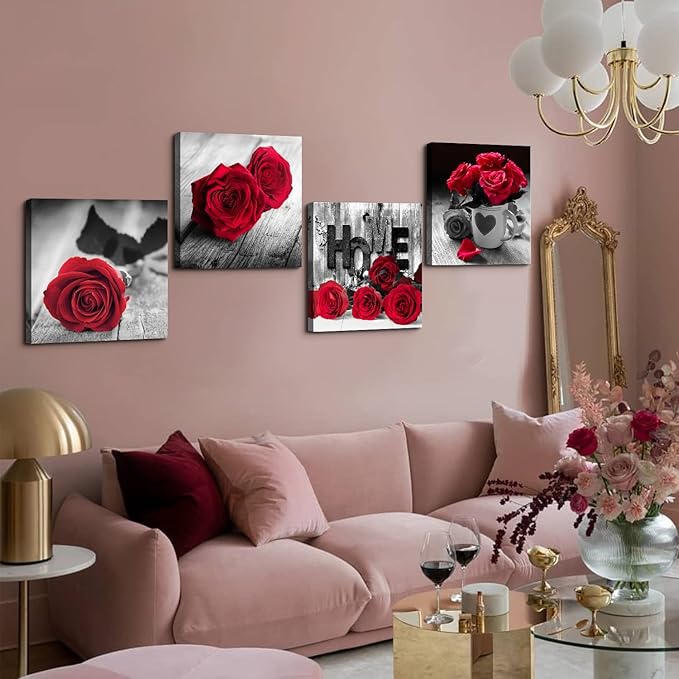 Rustic Rose Floral Canvas Wall Art Red Flower Pictures for Living Room Home Decorations Girls Bedroom Over Bed Wall Decor Retro Bouquet Paintings Posters Romantic Artwork 16x16” 4P Valentines Gifts