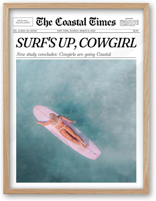 iHery Framed Coastal Trendy Cowgirl Wall Art Decor, Natural OAK Wood 12x16in Canvas Newspaper Retro Bedroom Wall Art,Surfer Up Vintage Bar Cart Home Decor For Dorm Living Room 1Pack