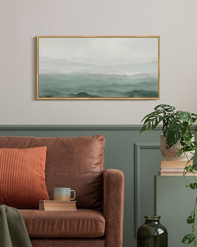 SHENIFY Vintage Landscape Framed Wall Art Foggy Mountain Farmhouse Decor Retro Wilderness Illustrations Decorative for Kitchen Bedroom Living Room Bathroom - 8x16in Natural Framed