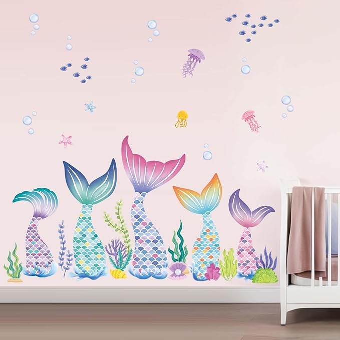 Baby Girls Mermaid Tail Wall Stickers - Under The Sea Marine Theme Wall Decals - Nursery Kids Room Daycare Bedroom Bathroom Wall Decor