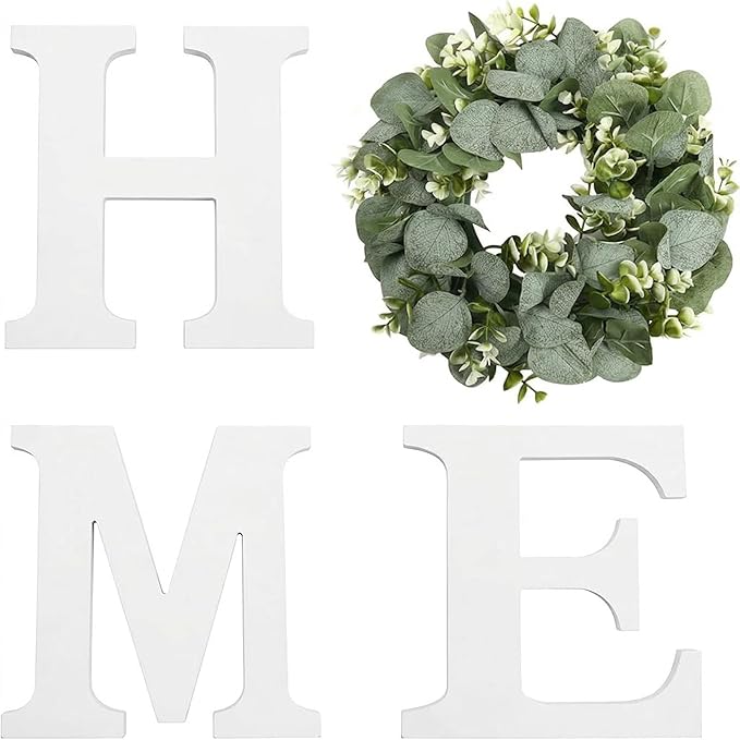 Wood Home Sign with Artificial Eucalyptus Wreath for O, Hanging Farmhouse Wall House Decor Wood Letters for Wall Art Rustic Home Decor, Wall Decor for Living Room Kitchen Entryway (White)