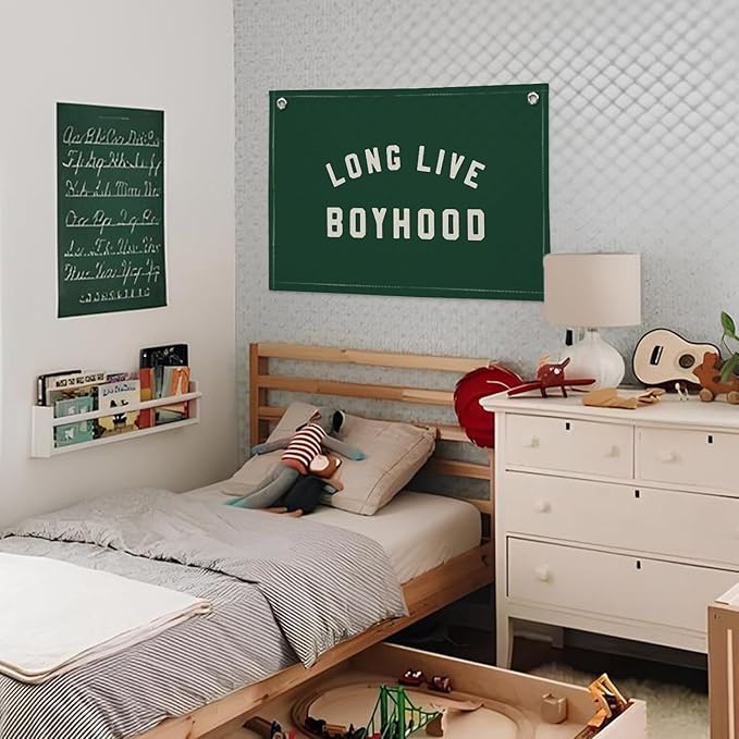 Long Live Boyhood Boys Room Decor - Linen Banner Wall Hanging Canvas Banner Flag Decor for Toddler Boy Room Nursery Playroom - Dark Green