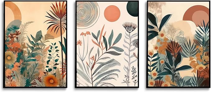LYPHNX Boho Burnt Orange Botanical Floral Canvas Wall Art Abstract Terracotta Jungle Poster Pictures Set of 3 Flower Prints Painting Home Decor for Bathroom Bedroom Living Room 16"x24" Unframed