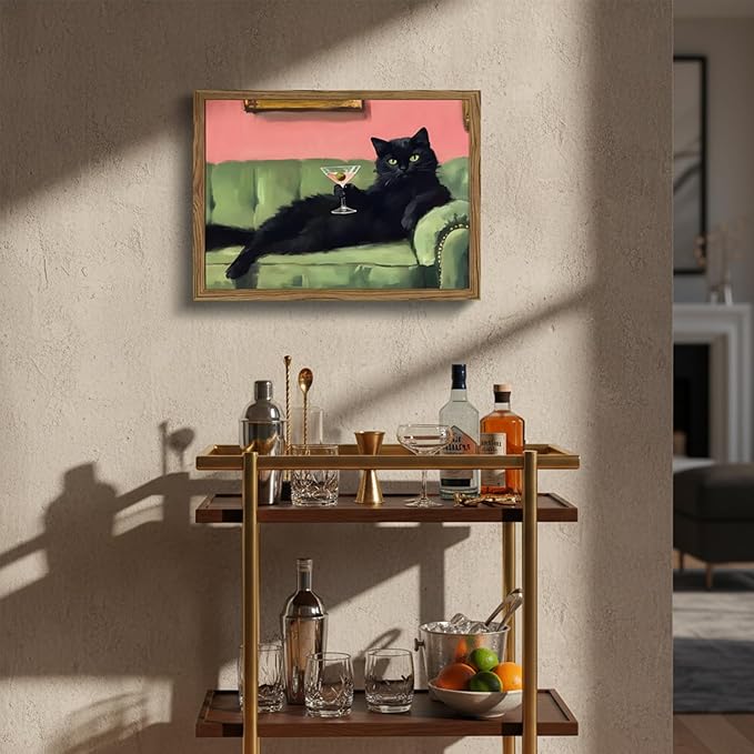 Funny Black Cat Martini Wall Art Eclectic Whimsical Cat Wall Decor Cocktail Bar Cart Painting Canvas Print Cute Animal Pictures for Bedroom Living Room Kitchen 8x10 inch Wood Framed