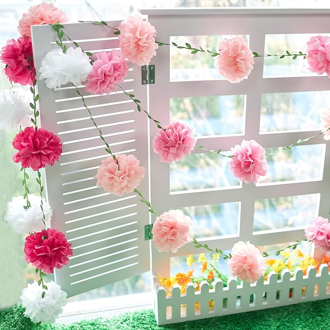 Gradient Pink Tissue Paper Pom Pom Garlands, Paper Flowers for Birthday Decorations, Baby Shower, Wedding Engagement, Bridal Shower, Spring Summer Party Decorations