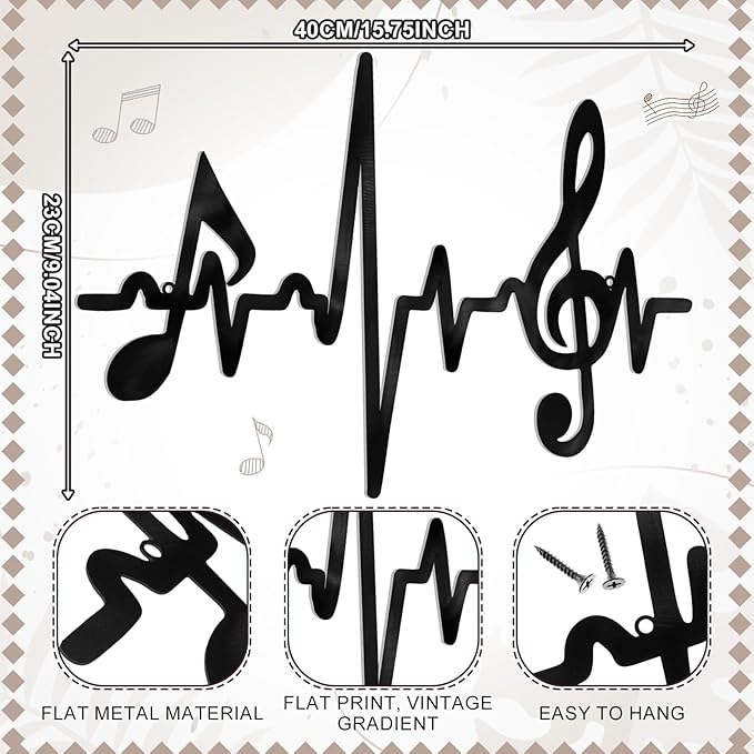 Blulu Metal Music Notes Wall Decor Sign Vintage Musical Heartbeat Wall Art Hanging Note Sign Treble Clef Decorations for Studio Bedroom Gallery Bar Birthday Party 15.75 x 9.04 Inches(Black)