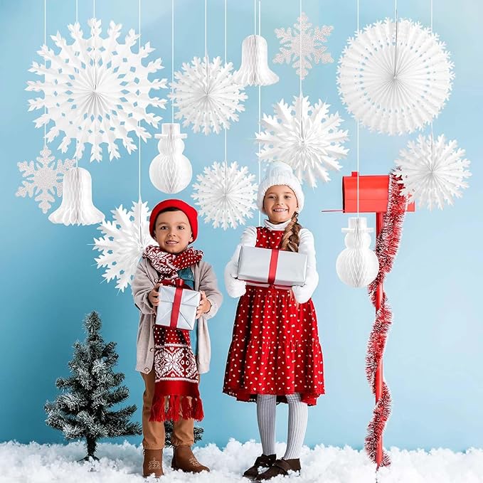 PAPER JAZZ 13 PCS Christmas Snowflake Decorations,White Paper Snowflake Hanging Ornaments,Christmas Honeycomb Decorations with Paper Fan/Garland/Snowman for Ceiling/Wall,Winter Wonderland,Winter Decor