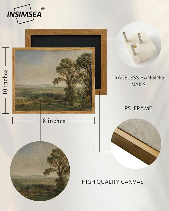 InSimSea Framed Canvas Print Art, Vintage Countryside Landscape Painting, Rustic Farmhouse Cottage Decor for Hallway Wall Floating Shelf Desk Vanity Fireplace,10x8 in, Soft Sage Green Tones