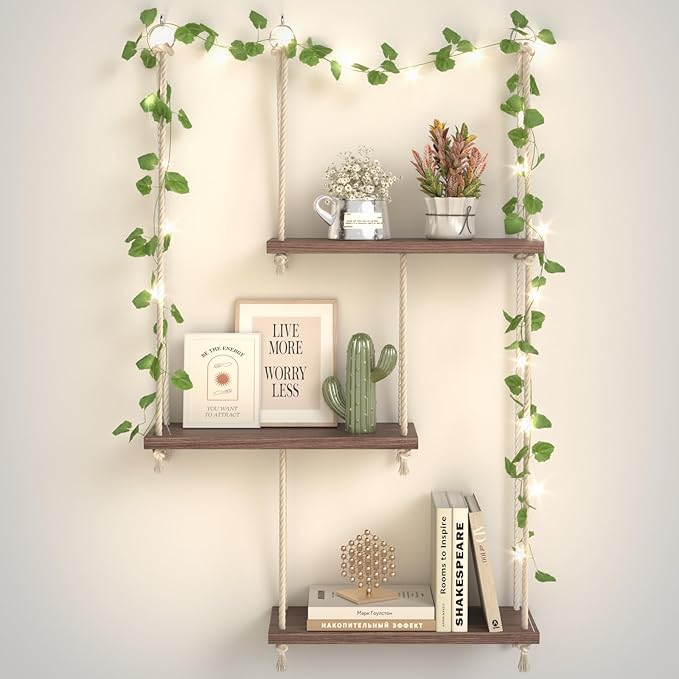 Hanging Shelves for Wall with Vine Lights, 3 Tier Rope Wall Hanging Plant Shelf, Boho Wall Decor Aesthetic for Succulents, Bedroom, Living Room, Bathroom (Rustic Brown)
