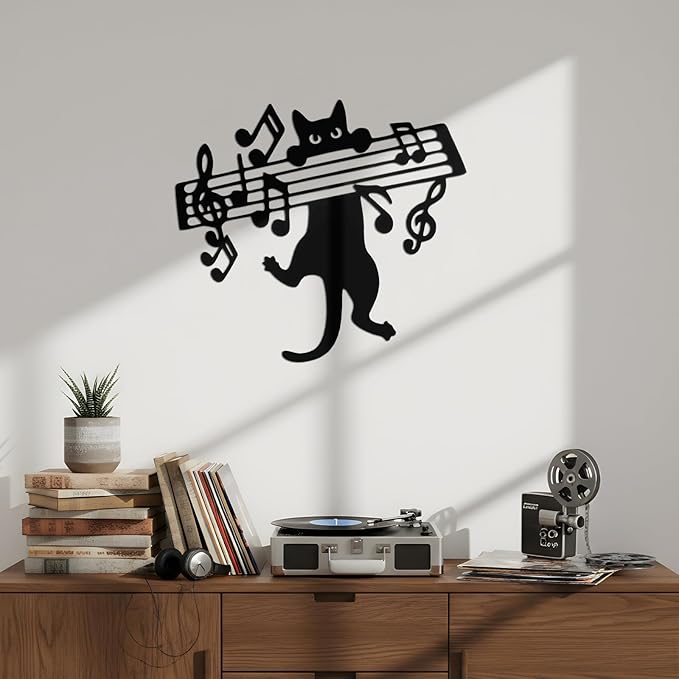 Otoolling Cat Playing Music Wall Decor Metal Black Cat Wall Art Hanging Signs Home Decor for Living Room Bedroom Bathroom Office Cats Lover Gifts(Cute,9.4 x 11.4 in)
