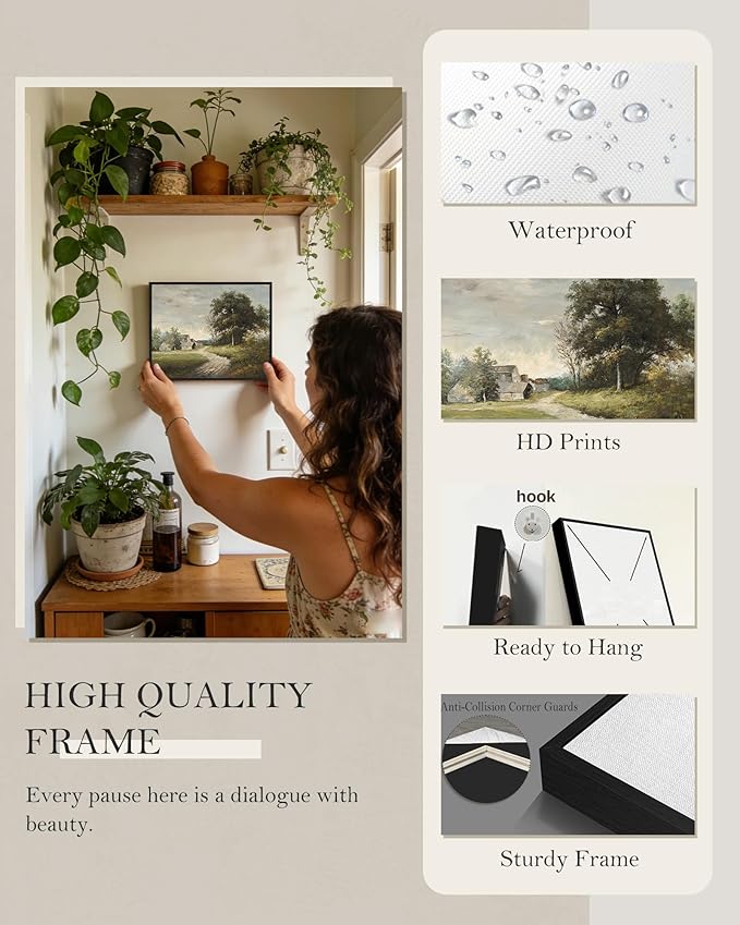 SHENIFY Vintage Landscape Framed Wall Art Rustic Cottage Countryside Farmhouse Decor Retro Painting for Kitchen Living Room Bedroom Bathroom - 8x10in Black Framed