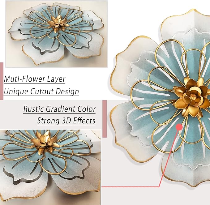 Metal Flower Wall Art Decor, 8.3''Rustic Modern Floral Sculpture, Distressed Iron Wall Hanging Home Decoration Accent Artworks for Indoor Kitchen Bedroom Living Office Outdoor Garden Patio-06 Blue Gold