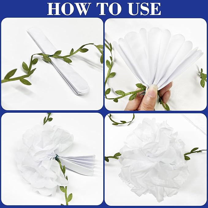 Blue and White Floral Royal Blue Tissue Flowers Pom Pom with Sage Green Leaf Ribbon Hanging Streamer Garland for Birthday Baby Shower Wedding Engagement Chinoiserie Theme Party Decorations Supplies