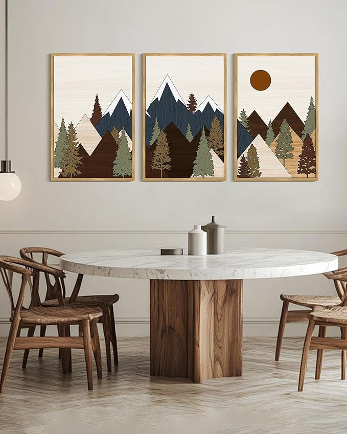 Drsoum Morden Mountains Landscape Wall Art Framed Boho Pine Tree Forest Nature Prints Boho Farmhouse Rustic Artwork Hallway Bedroom Ready to Hang 24x36in Natural Framed
