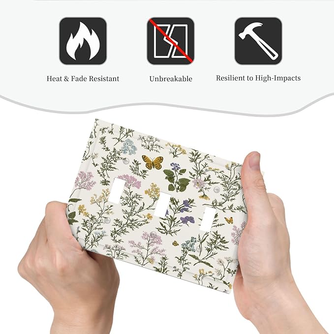Decorative Switch Plates Vintage Colorful Flowers Butterfly Floral 3 Gang Wall Plate Triple Toggle Light Switch Cover Faceplate Electrical Wall Panels For Bed Room Living Room Decor