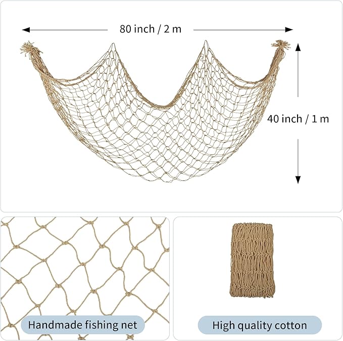 Patioland Decorative Fishing Net 3 Pack, 80x40 Inch Large Caramel Fish Net Decor for Wall, Photo Display, Nautical Mermaid Pirate Ocean Themed Beach Hawaii Under the Sea Party Decorations