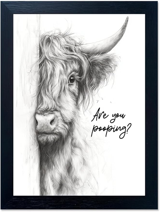 Gongyuanyihao Arts Funny Highland Cow Bathroom Wall Art with Black Frame, Are You Pooping Sign for Farmhouse Restroom Decor, Rustic Humorous Canvas Print Painting Ready to Hang 16"x20"