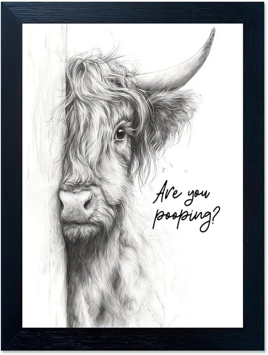 Gongyuanyihao Arts Funny Highland Cow Bathroom Wall Art with Black Frame, Are You Pooping Sign for Farmhouse Restroom Decor, Rustic Humorous Canvas Print Painting Ready to Hang 16"x20"