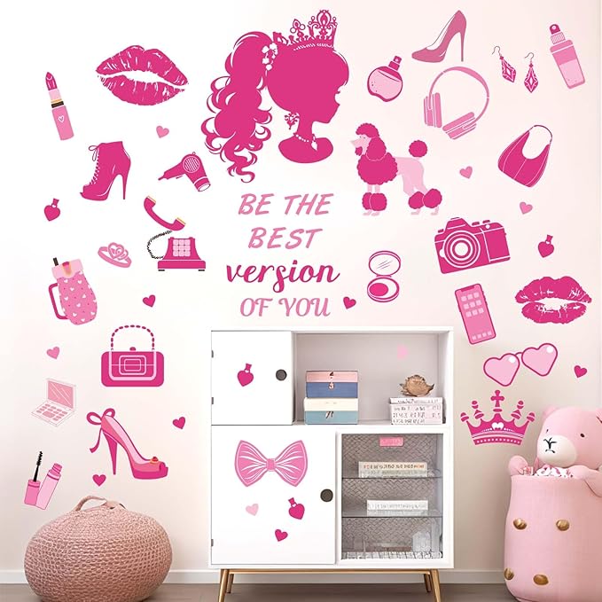 Princess Wall Stickers for Girls Bedroom: Pink Doll Fashion Wall Decals - Kids Baby Girls Room Nursery Daycare Wall Decor