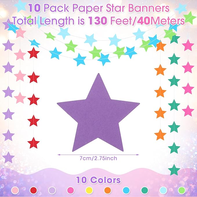 Patelai Glitter Star Garland Banner 2026 Graduation Decor 130 Feet Star Hanging Banner Twinkle Backdrop for Party Birthday Classroom Wedding Supplies(Rainbow)