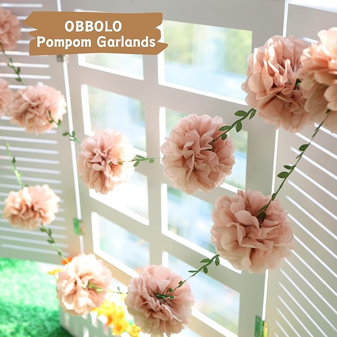 4 Pcs Dusty Pink Flower Garland for Bridal Shower Decorations, Baby Shower Decorations for Girls, Pom Pom Garland, Paper Flowers Party Decorations for Birthday