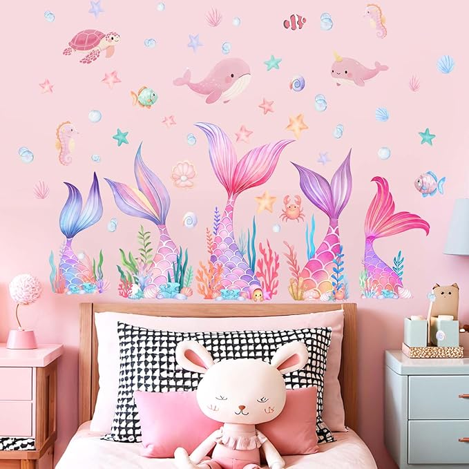 Mermaid Tail Wall Stickers for Girls: Peel and Stick Under The Sea Wall Decals for Girl Room Baby Bedroom Nursery - Ages 1-12 Years Vinyl Decor
