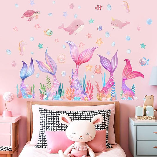 Mermaid Tail Wall Stickers for Girls: Peel and Stick Under The Sea Wall Decals for Girl Room Baby Bedroom Nursery - Ages 1-12 Years Vinyl Decor