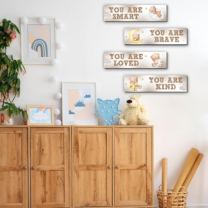 Bear Nursery Wall Decor,Wooden Bear Wall Art for Baby Boy,4PCS Cute Boy Room Decor for Nursery Themes Bathroom Living Room Classroom Home Decoration,Perfect Gifts for Birthday Baby Shower