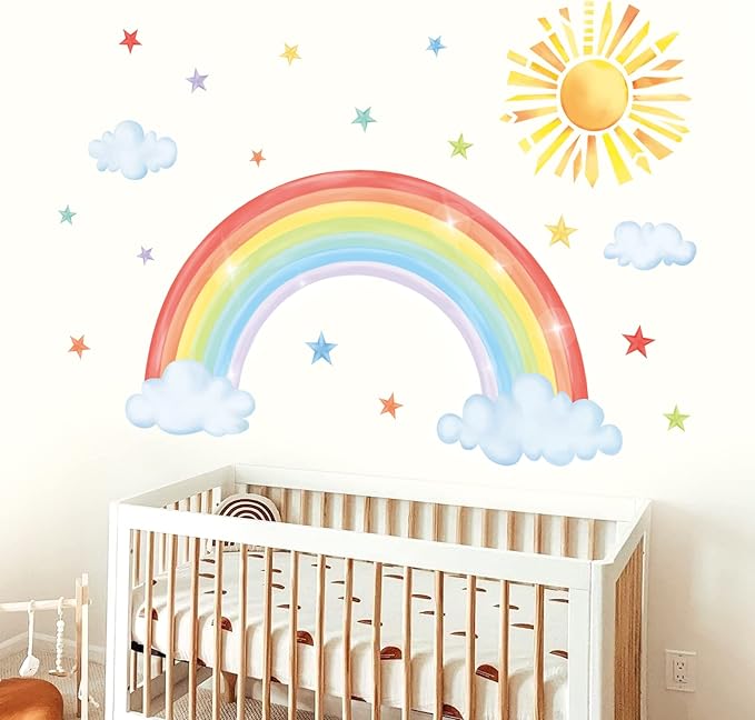 decalmile Large Rainbow Wall Decals Sun Cloud Star Wall Stickers Baby Nursery Girls Bedroom Living Room Wall Decor