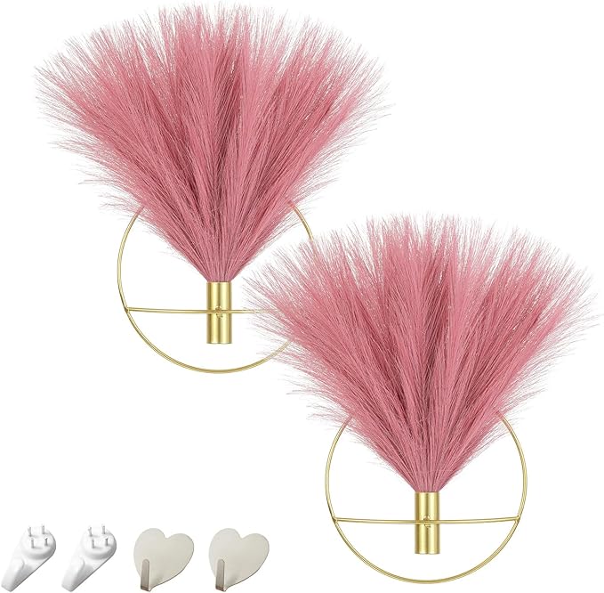 Pretty Jolly Boho Wall Decor - Mounted Metal Hanging Artificial Pampas Display for Living Room, Bedroom, Bathroom, Dining Room - Plant Art 2 Pack