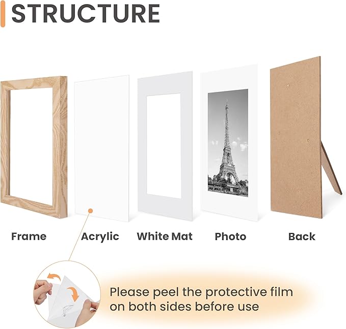 upsimples 8x10 Picture Frame Set of 10, Display Pictures 5x7 with Mat or 8x10 Without, Multi Photo Frames Collage for Wall or Tabletop Display, Natural