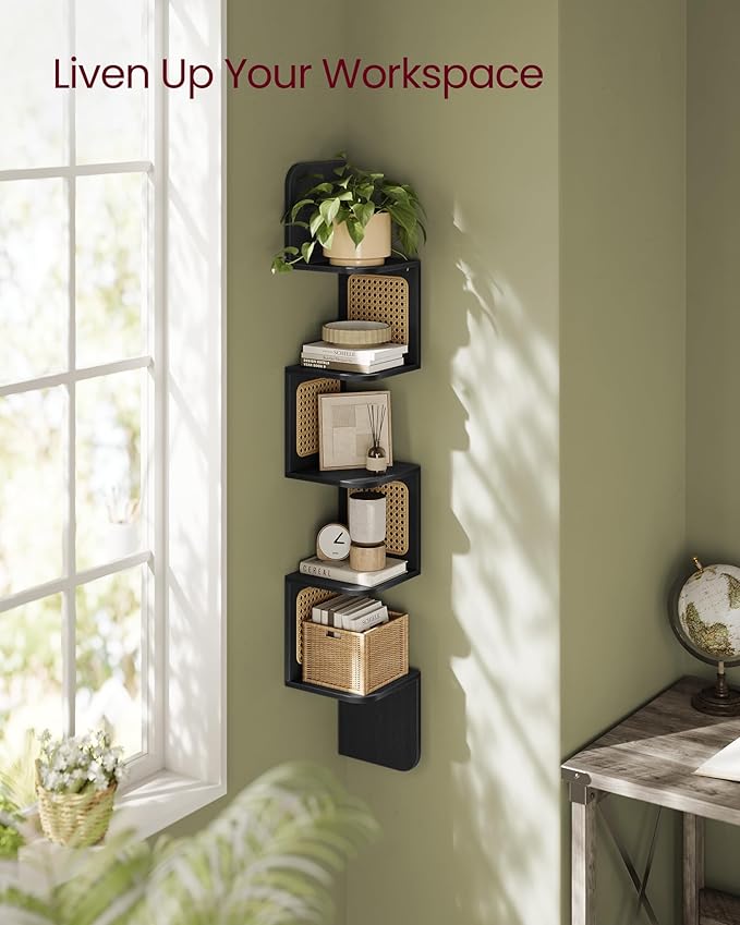 VASAGLE 5-Tier Corner Shelf, Wall Mounted Floating Shelf, Zigzag Corner Shelf Unit, PVC Rattan Sides, Space-Saving, for Kitchen, Living Room, Bedroom, Boho Style, Ash Black ULLS582BF01S