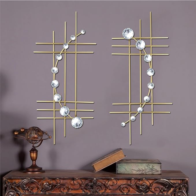 ZEXUIRU 2 Pack Gold Abstrac Wall Decor – Metal Crystal Wall Art with Sparkling Rhinestones, 16.5’’/24 Inch Wall Hanging Set for Living Room Bedroom Bathroom – Modern Bling Home Decorations