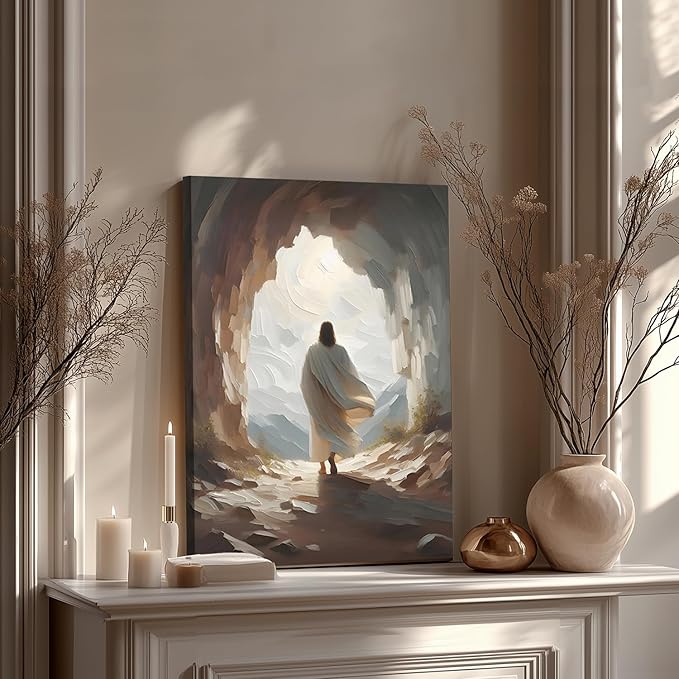 HLXRAE Framed Jesus Wall Art, Jesus Resurrection Leaves the Tomb Canvas Painting, Minimalist Christian Empty Tomb Poster Print, Christian Wall Decor for Church Prayer Room Hospitals Home 12"x16"