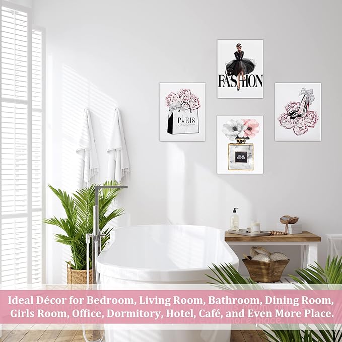 CoziTech Fashion Women Canvas Wall Art Framed, Modern Artwork for Girls Bedroom Wall Décor Pink Flowers Perfume Art Print Handbag High Heel Wall Picture, Gift for woman, Gift for Girls. Set of 4.