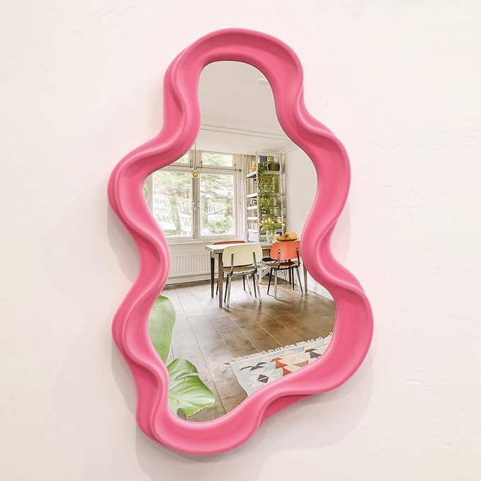 Wavy Mirror Wall Decor for Living Room, Asymmetrical Wall Mounted Mirror for Girly Bedroom Decoration, Velvet Touch Decorative Tray Home Accent for Dining Room Kitchen (Pink)