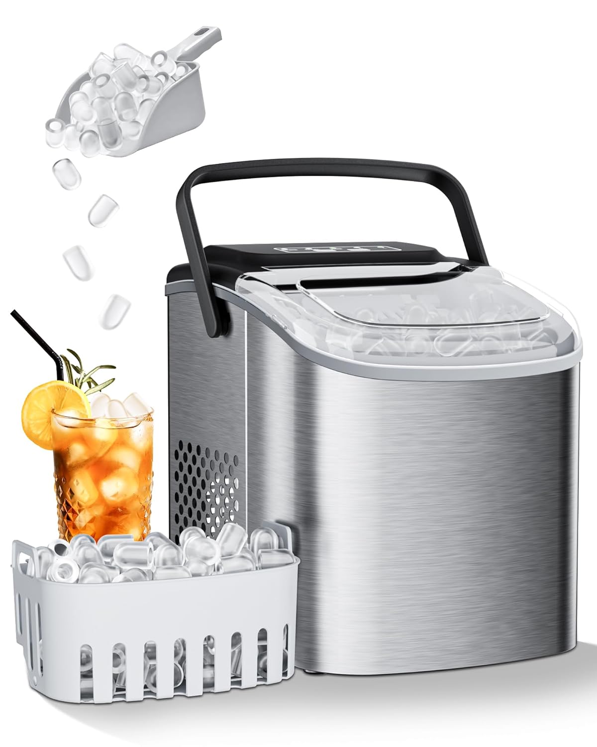 Ice Maker Machine Countertop 26lbs/24H, Portable Quiet Ice Makers Cubes in 9PCS/7Min, Self Cleaning, Ice Maker with Scoop for Kitchen, Home, Party