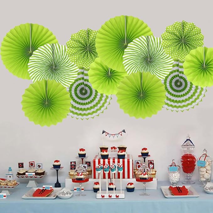 ADLKGG Party Hanging Paper Fans Set, Green Round Pattern Paper Garlands Decoration for St Patrick's Day Party Decorations Graduation Birthday Wedding Events Accessories, Set of 6
