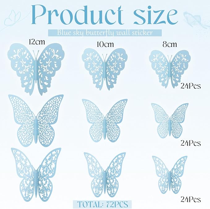 Bememo 72 Pieces 3D Butterfly Wall Decals Sticker Decal Wall Decor Art Decorative Sticker 3 Sizes for Room Offices Bedroom Bathroom Living Room Decor(Sky Blue)