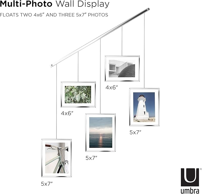 Umbra Exhibit Picture Frame Gallery Set, Adjustable Wall Collage Displays Five Photos (Two 4x6 and Three 5x7), Set of 5, Chrome