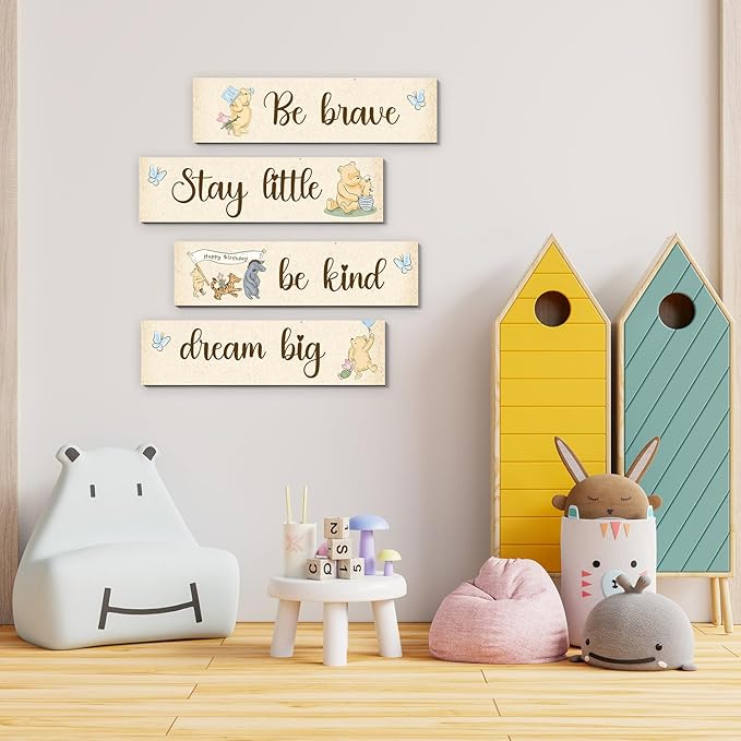 BirtDerr 4Pcs Winie Wall Decorations-he Pooh Baby Stuff-Bedroom Wall Decor-Adorable Pooh Sign for Room Nursery Decor-Baby Shower Decorations(Classic)