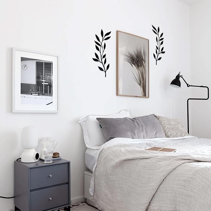 Metal Tree Leaf Wall Decor 2 PCS Rustic Vine Branch Leaf Wall Art for Living Room Bedroom Bathroom Decorations - Black